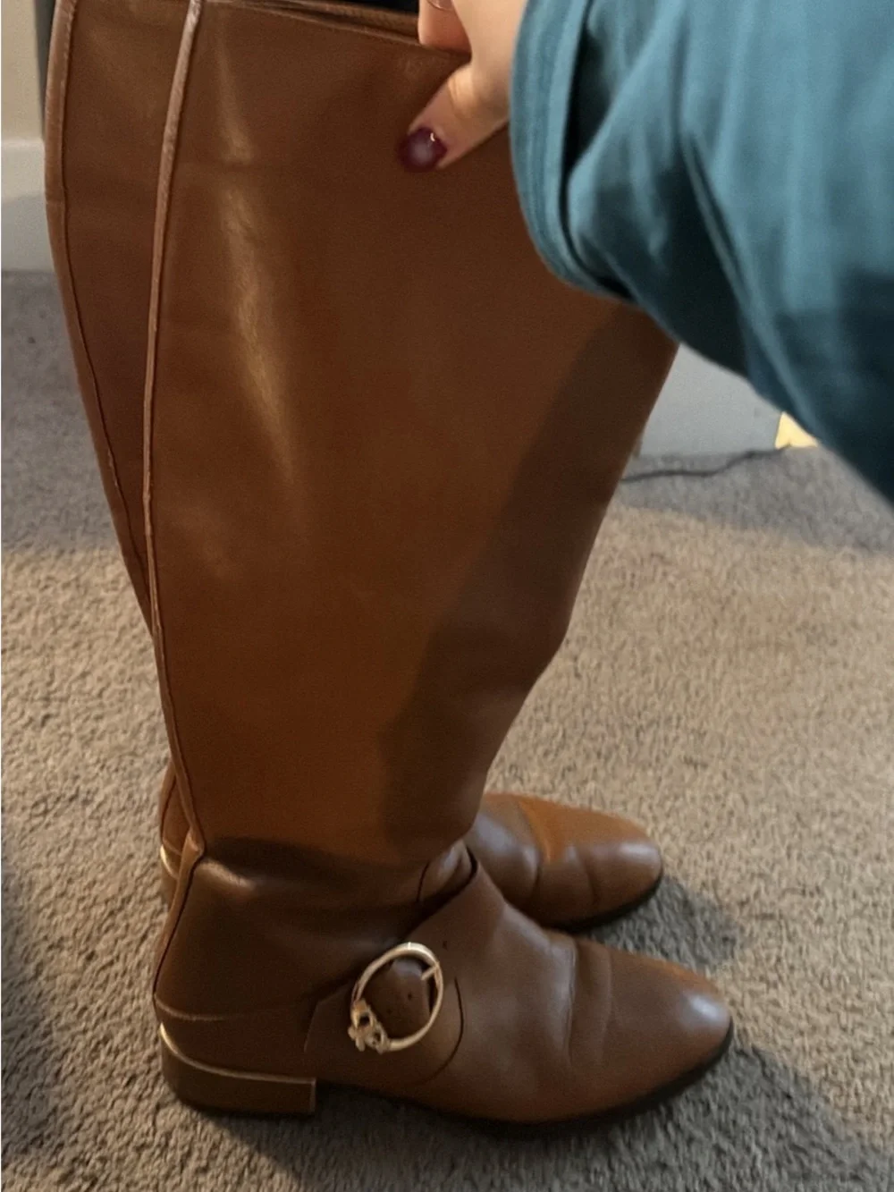 Tory Burch Brown Leather Knee-High Boots with Gold Buckle